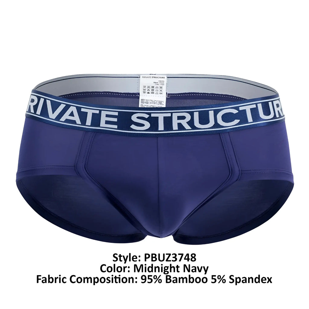 Midnight navy men’s briefs with white private structure waistband made from 95 bamboo and 5 spandex material