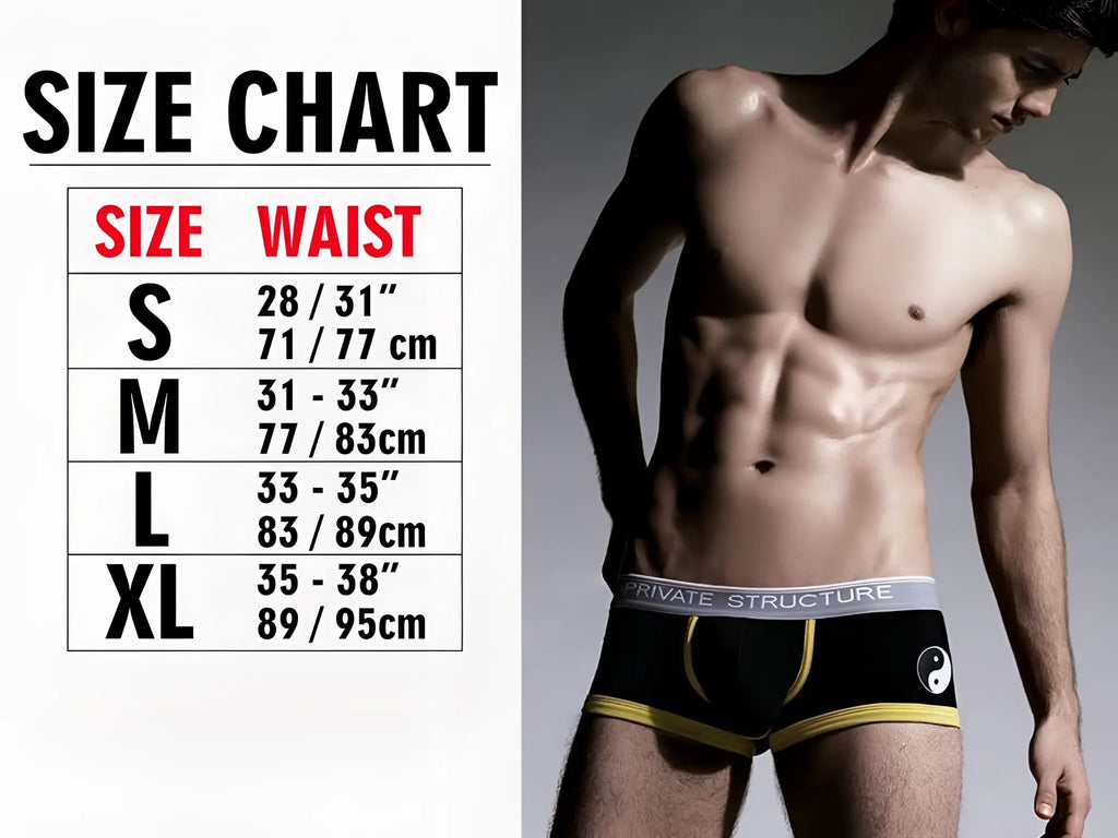 Black private structure platinum bamboo contour briefs with yellow trim and white yin yang symbol on front in blush color