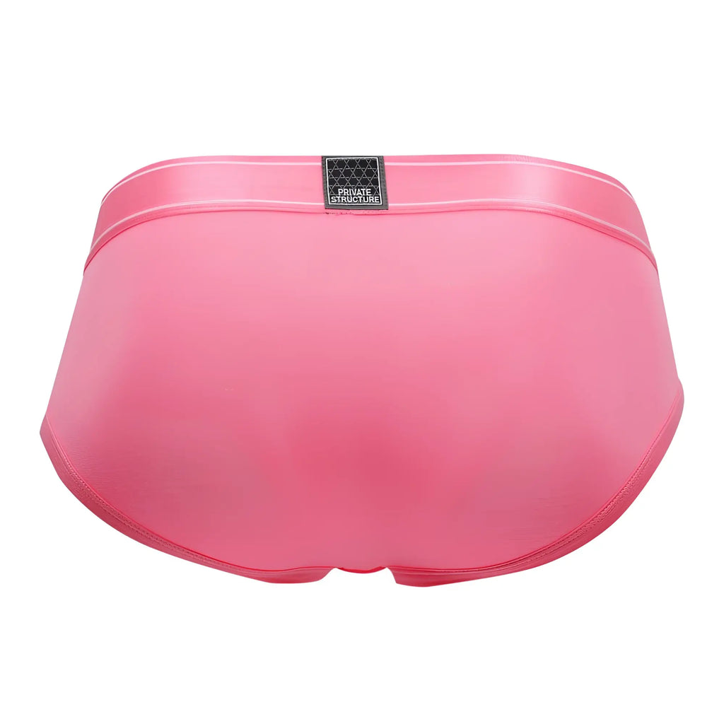 Pink satin platinum bamboo contour briefs in blush with black private structure label on waistband