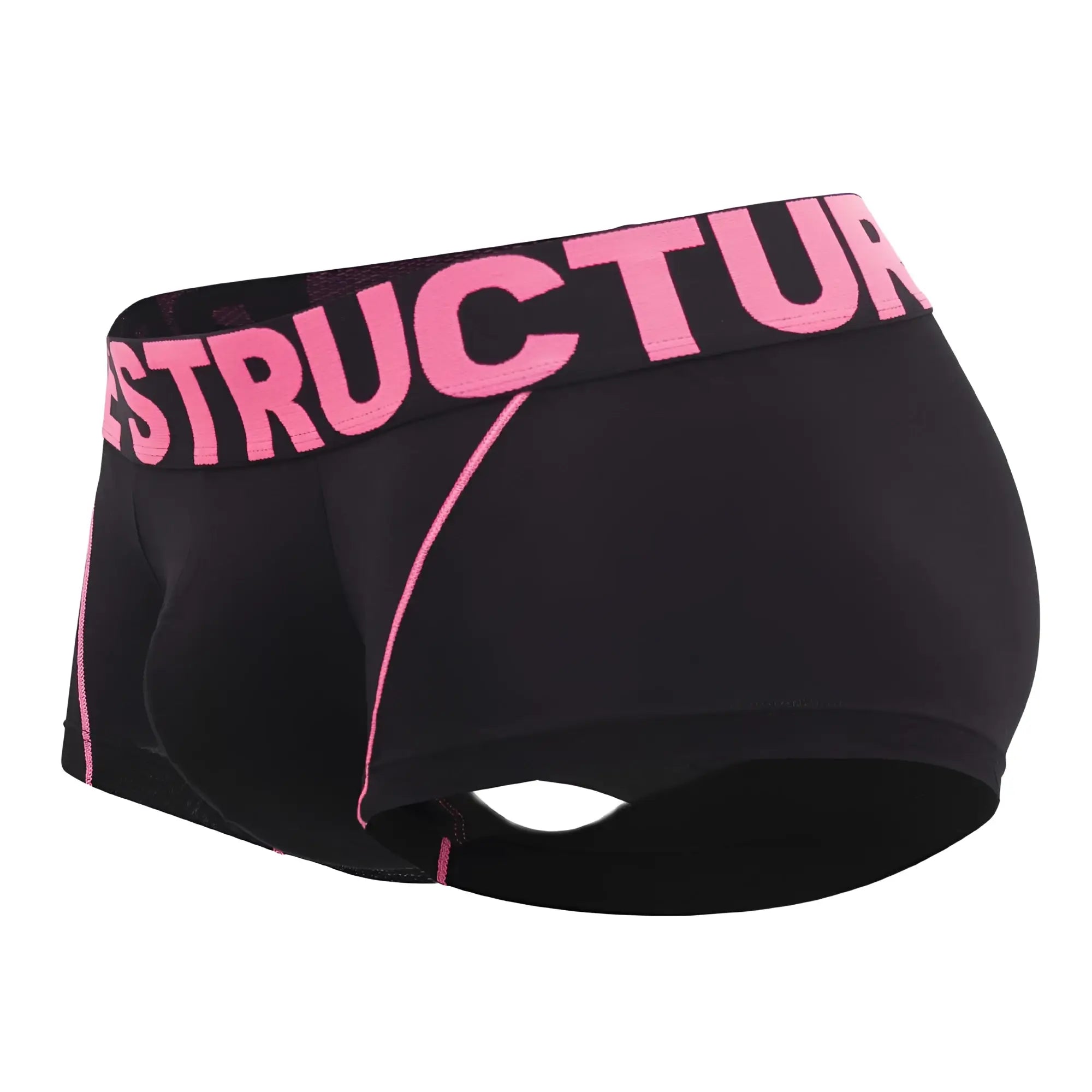 Black private structure modality trunks with bold pink structure waistband lettering and matching side stitching
