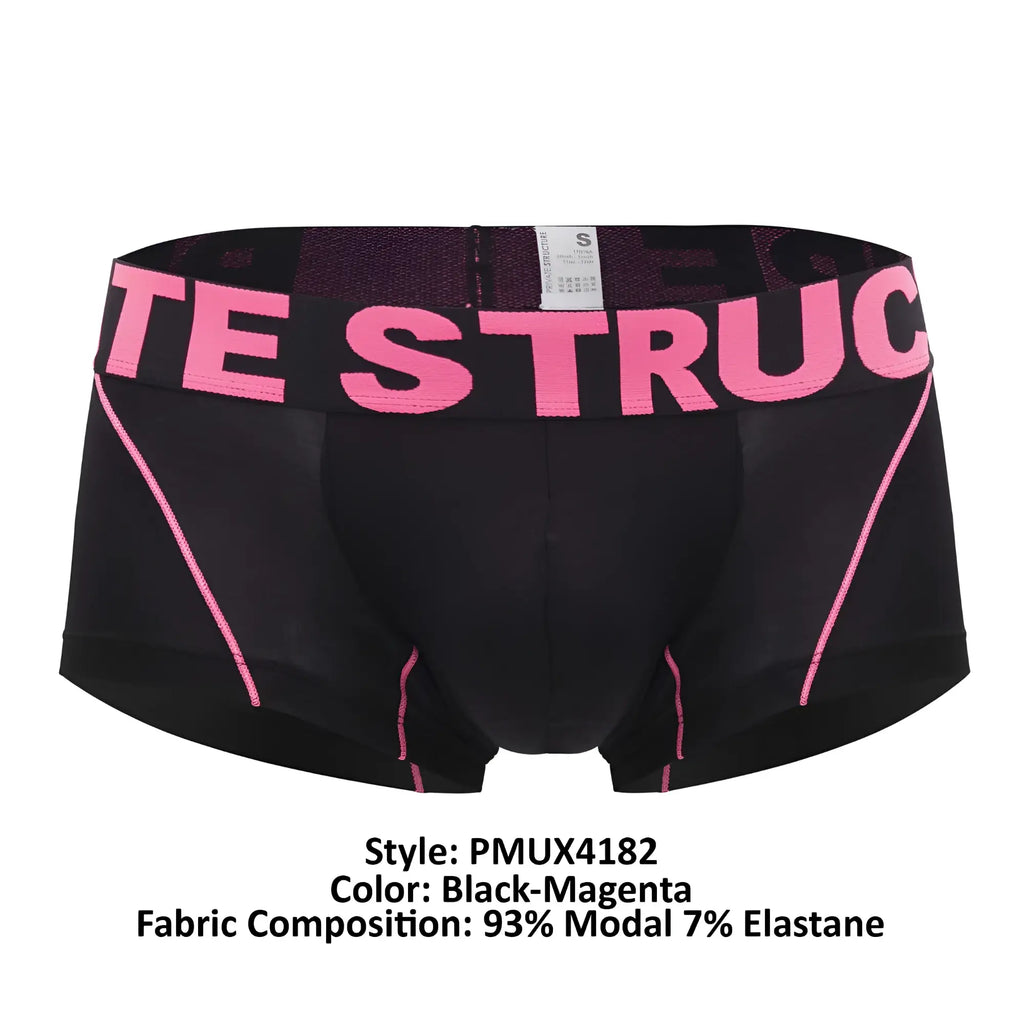Black and magenta private structure pmux4182 modality athletic briefs with bold pink lettering on the waistband