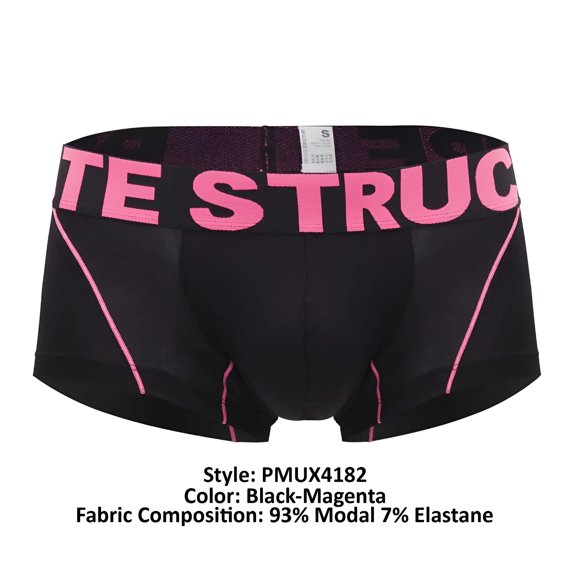 Black and magenta private structure pmux4182 modality athletic briefs with bold pink lettering on the waistband
