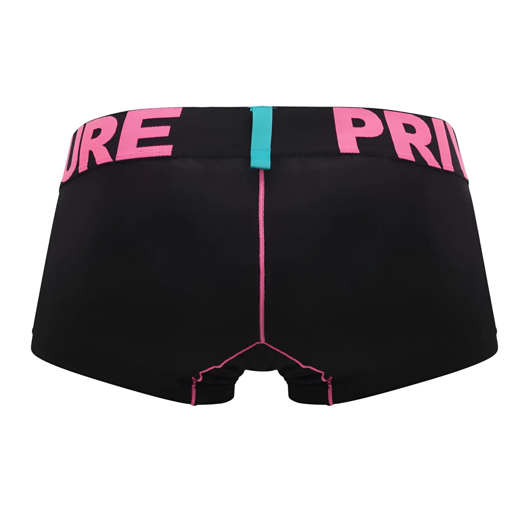 Black briefs private structure pmux4182 modality trunks with bold pink waistband lettering and matching pink stitching details