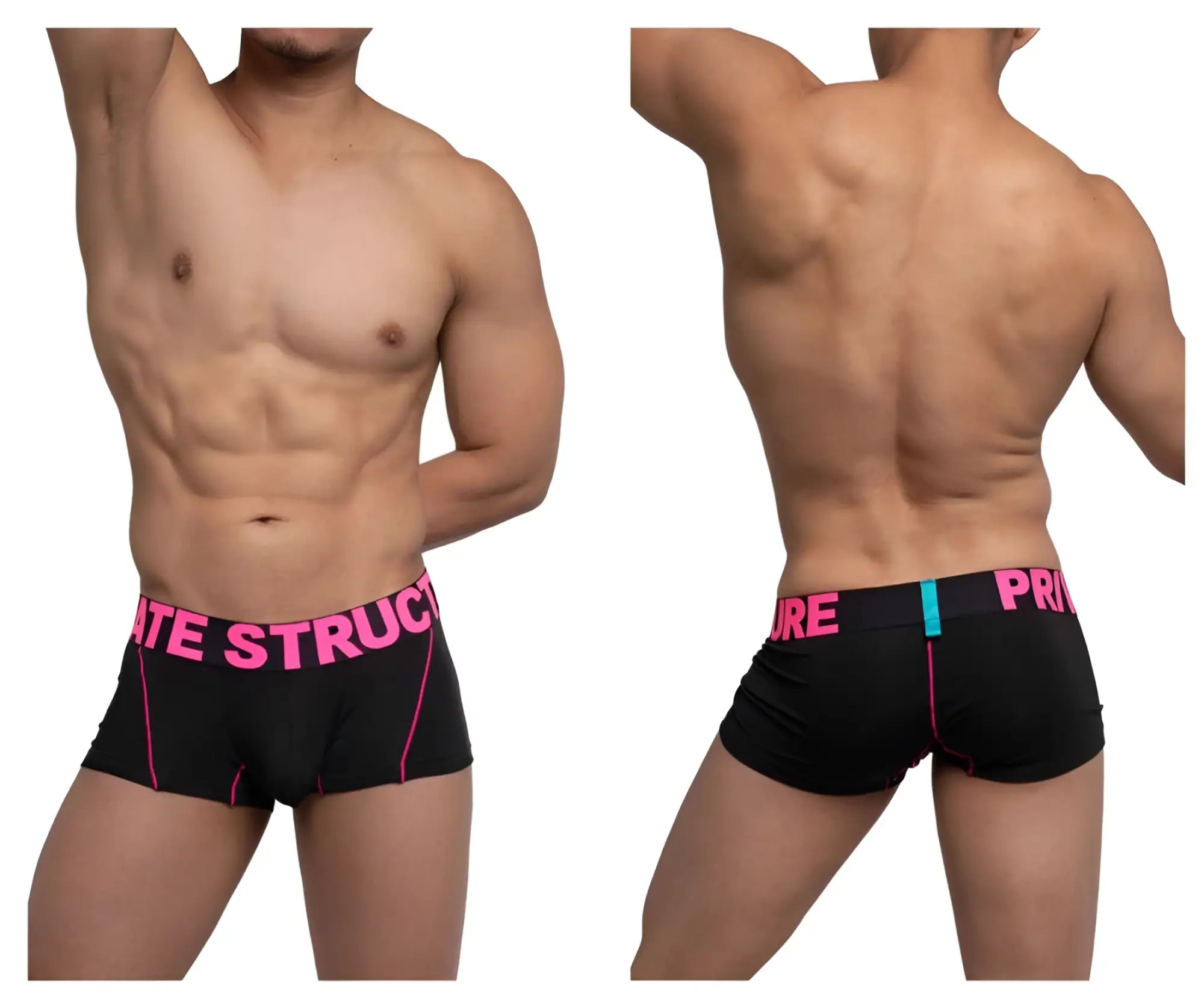 Black boxer briefs with vibrant pink trim and bold structure branding on waistband private structure pmux4182 modality trunks