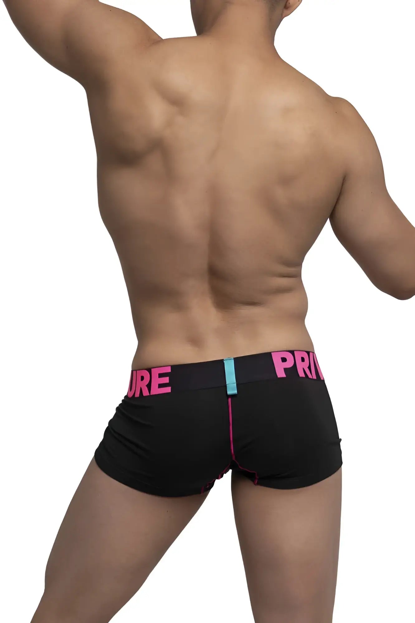 Black private structure pmux4182 modality trunks with bold pink pure waistband lettering and teal vertical stripe