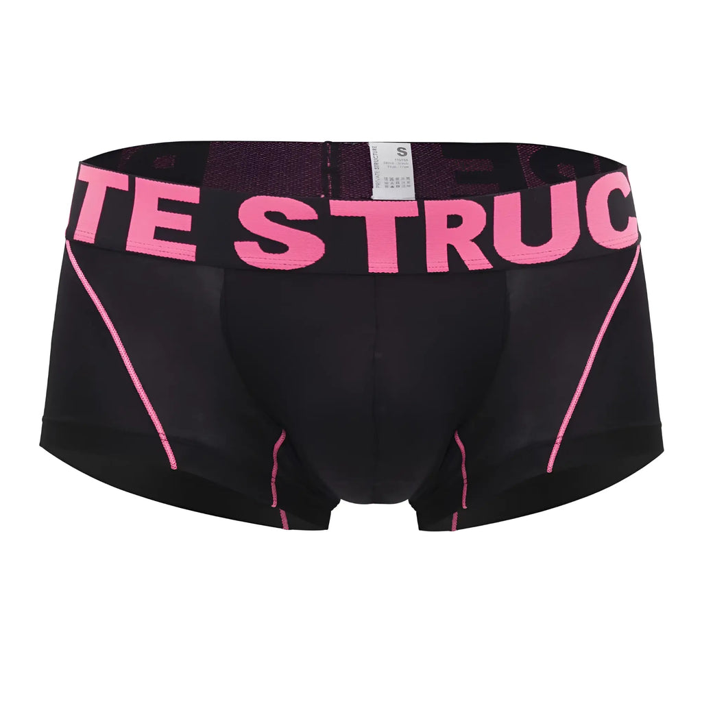 Black men’s boxer briefs Private Structure PMUX4182 Modality trunks with pink lettering and stitching in black-magenta