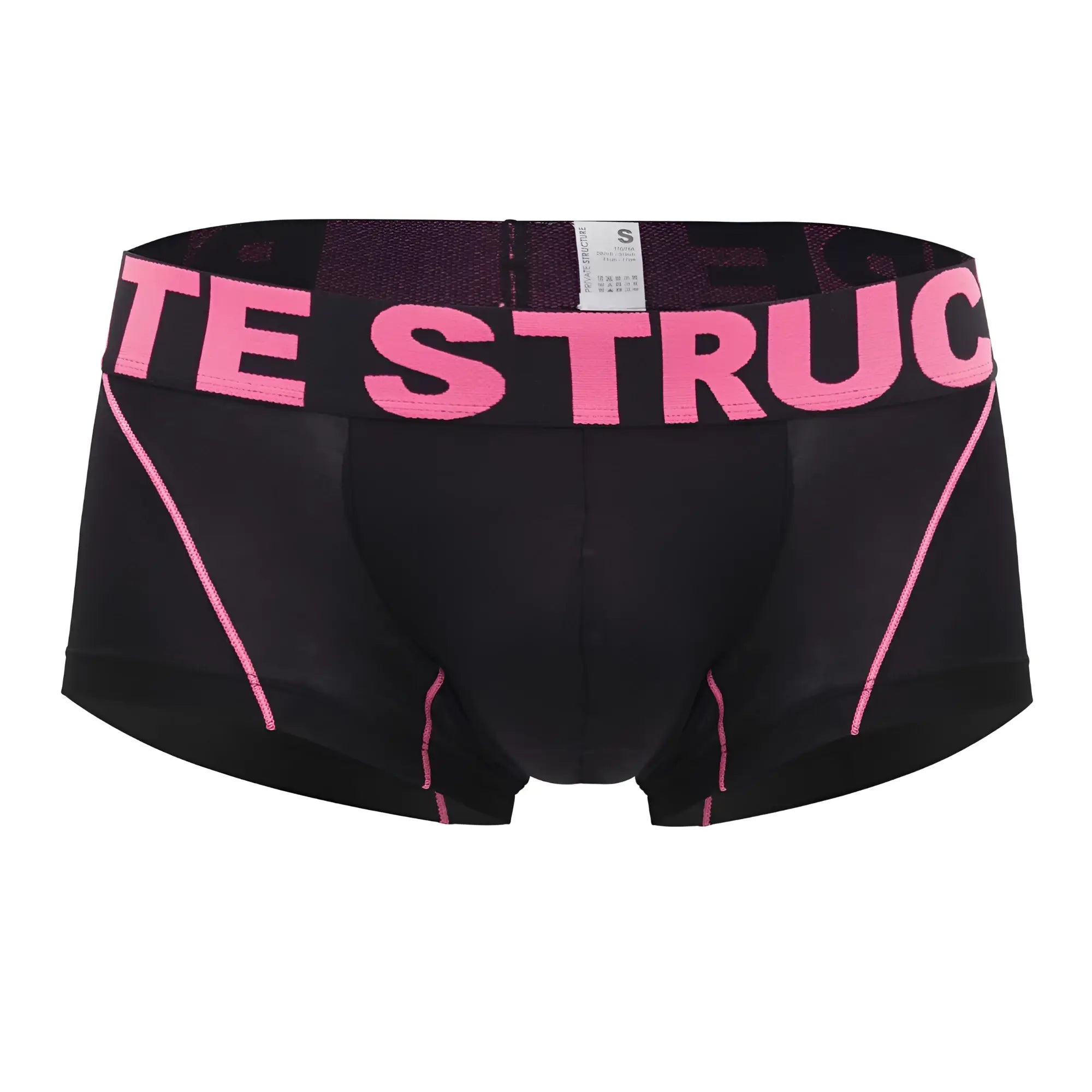 Black men’s boxer briefs Private Structure PMUX4182 Modality trunks with pink lettering and stitching in black-magenta