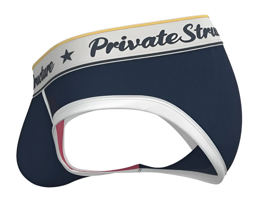 Navy blue men’s classic mid waist mini briefs with white trim and private structure branded waistband