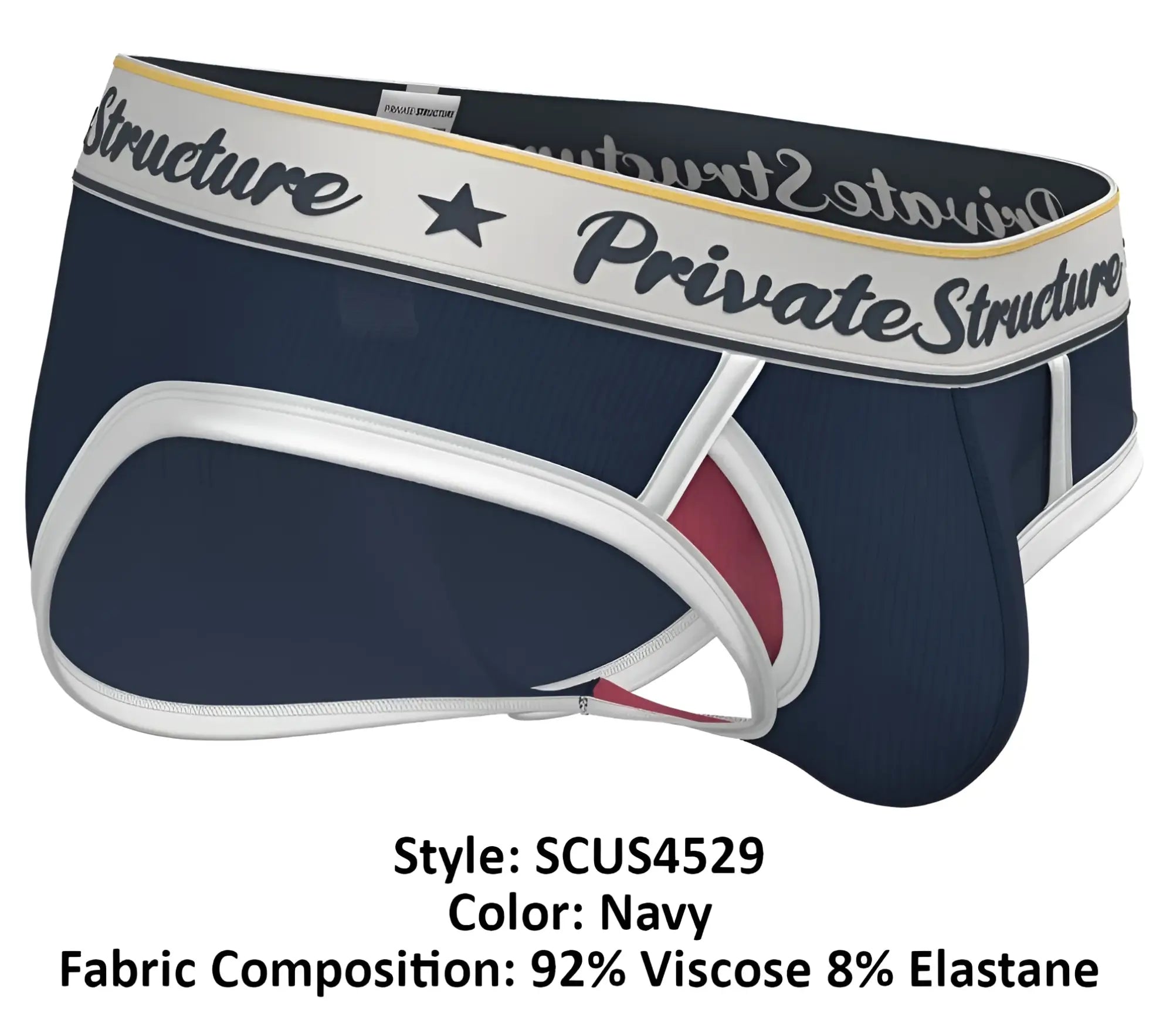 Navy blue men’s mid waist mini briefs with white and red trim and private structure branded waistband in black script
