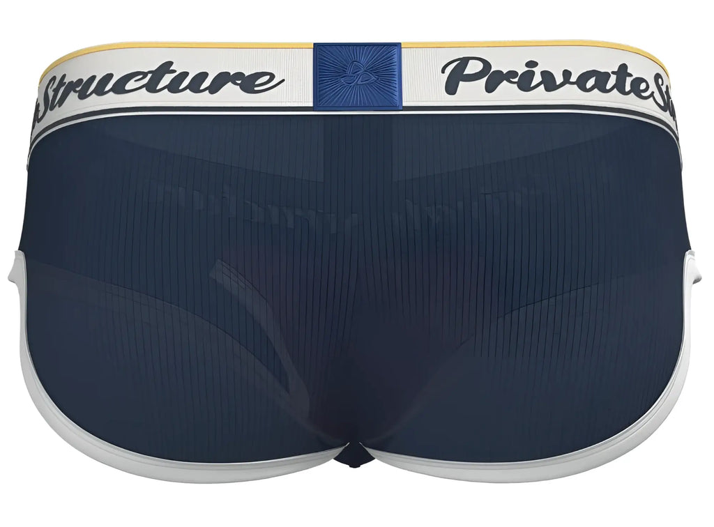 Navy blue mesh mid waist mini briefs with white trim and branded waistband featuring structure and private stock text