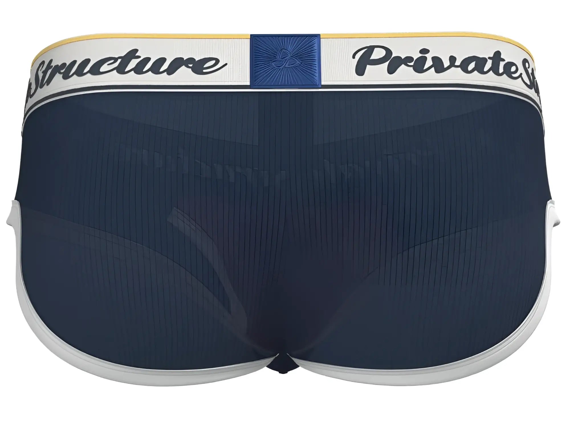Navy blue mesh mid waist mini briefs with white trim and branded waistband featuring structure and private stock text