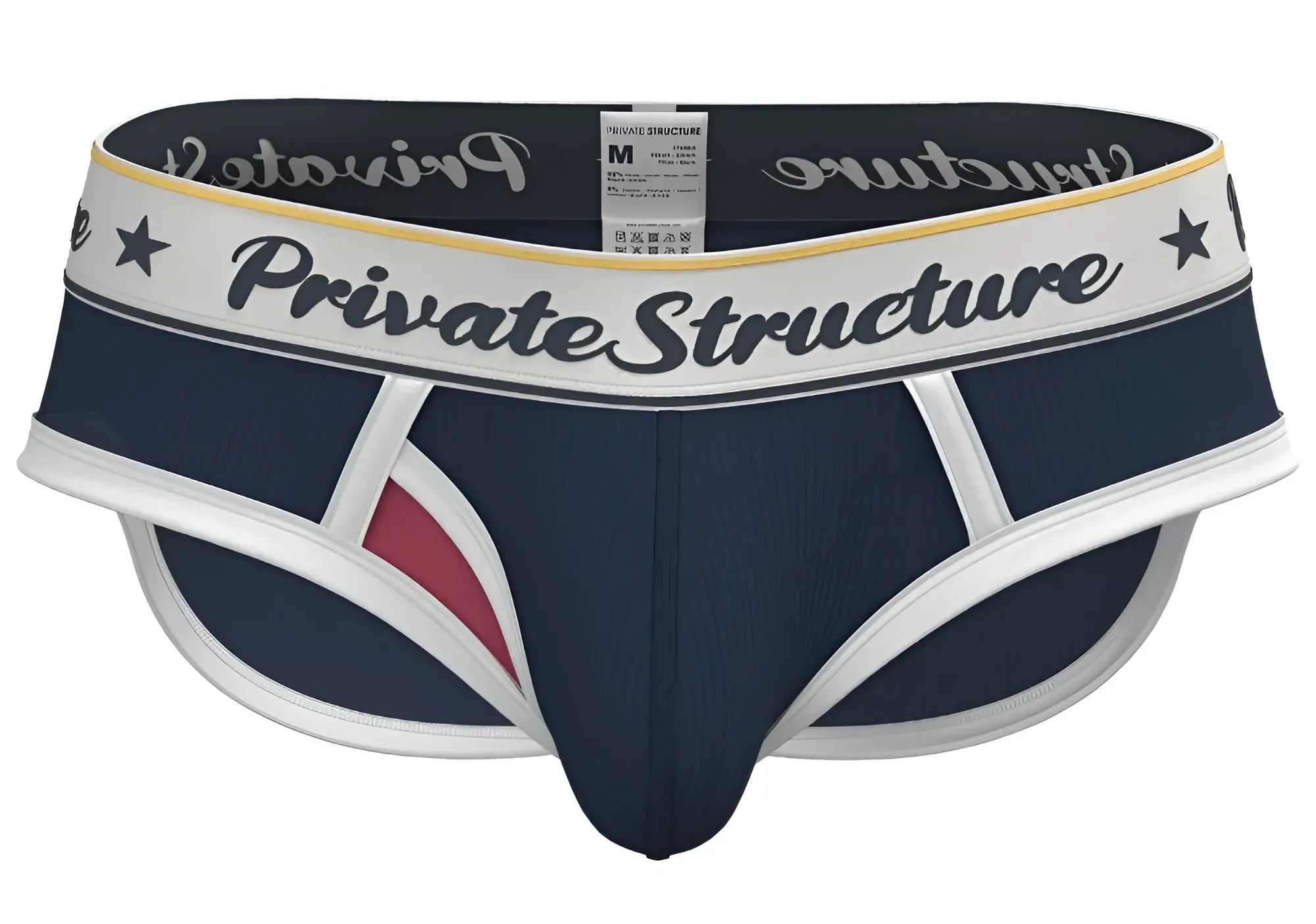 Navy blue and white private structure classic mid waist mini brief with red accent and black script waistband