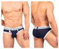 Navy blue and white men’s classic mid waist mini briefs by Private Structure with branded waistband detailing