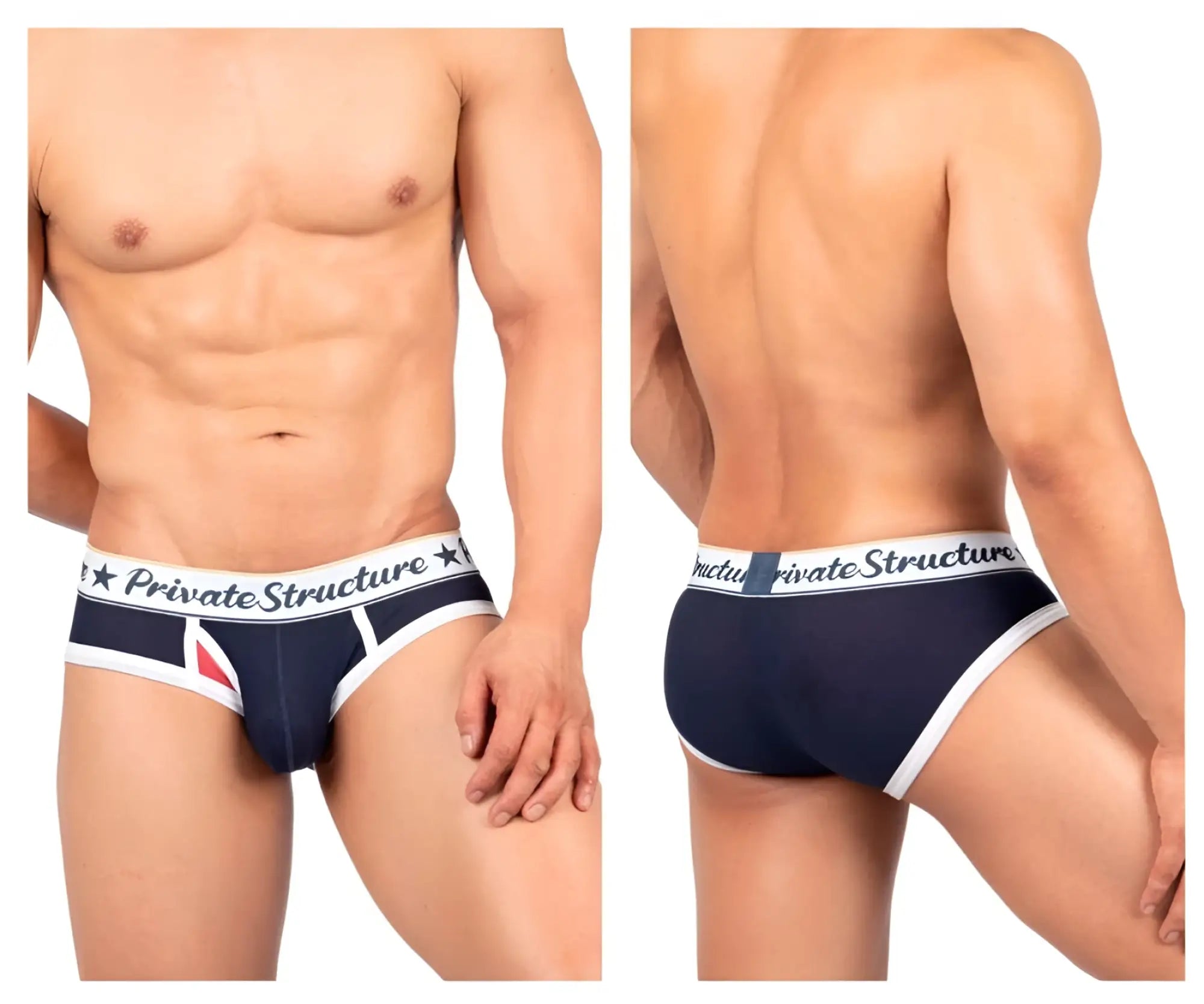 Navy blue and white men’s classic mid waist mini briefs by Private Structure with branded waistband detailing