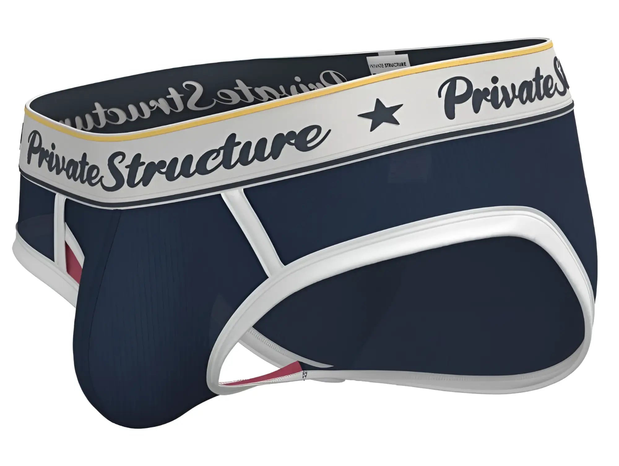 Navy blue and white men’s classic mid waist mini briefs with a branded private structure waistband in black script