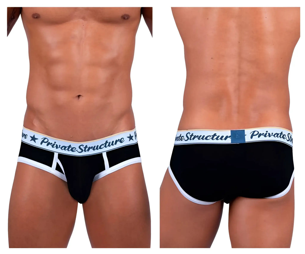 Black private structure classic mid waist mini briefs with white trim and logo waistband for comfortable support