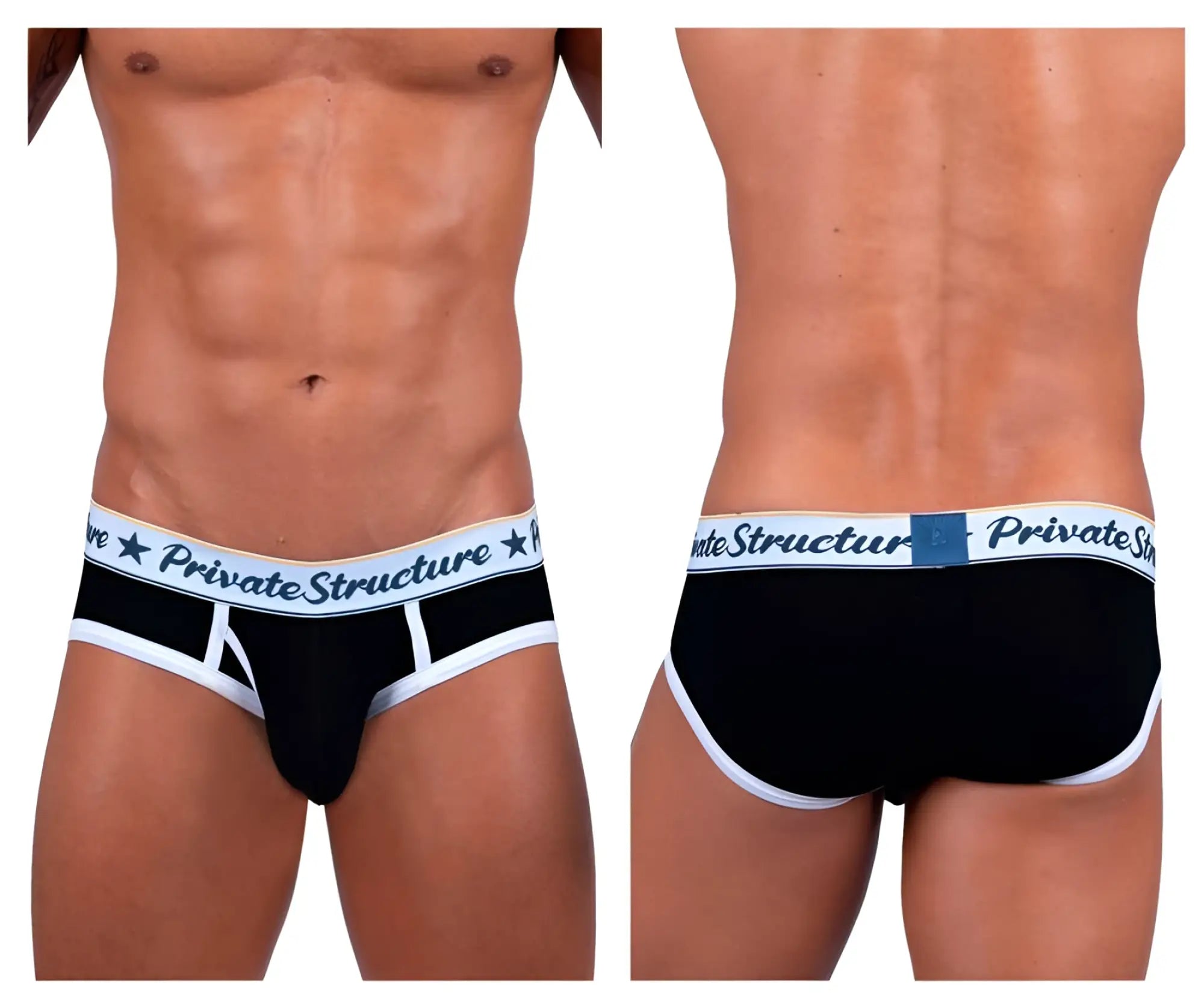 Black private structure classic mid waist mini briefs with white trim and logo waistband for comfortable support