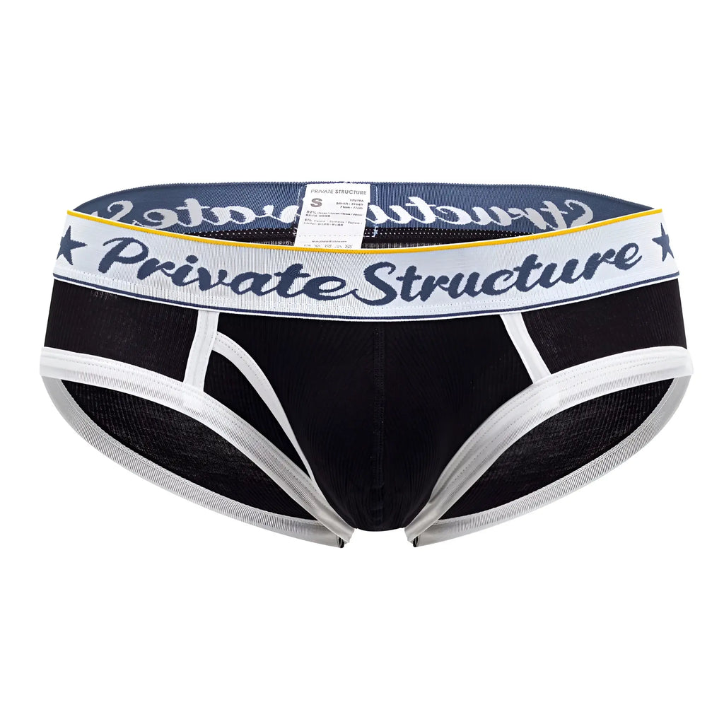 Black private structure classic mid waist mini briefs with white trim and navy blue waistband logo in dark gray script