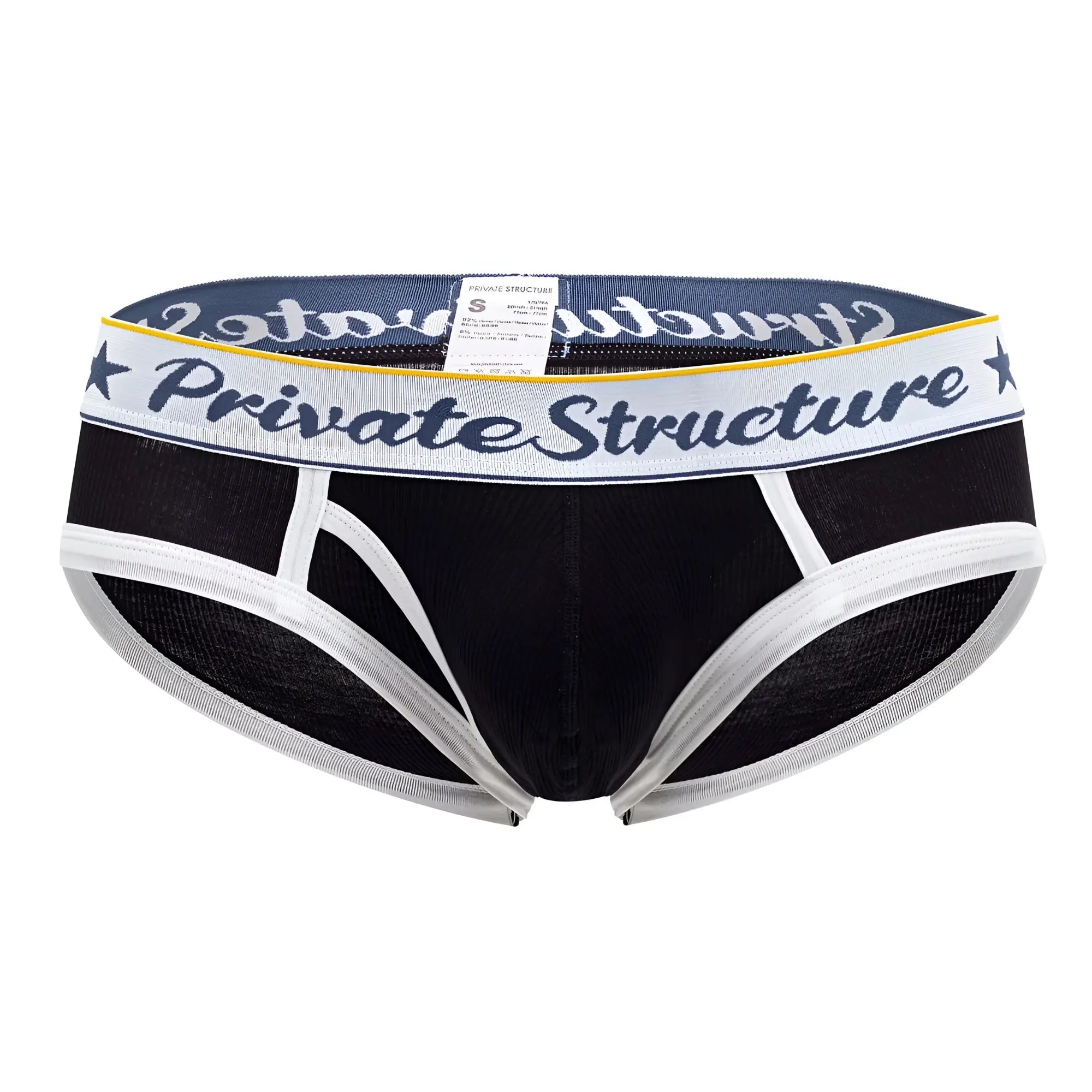 Black private structure classic mid waist mini briefs with white trim and navy blue waistband logo in dark gray script