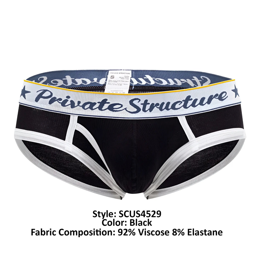 Black private structure mid waist mini briefs with navy waistband white logo star motifs and yellow trim scus4529