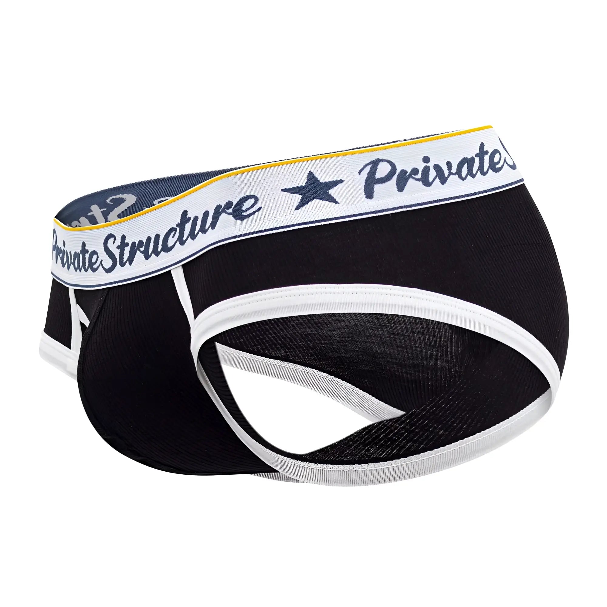 Black and white classic mid waist mini briefs with navy blue private structure waistband and yellow trim accents