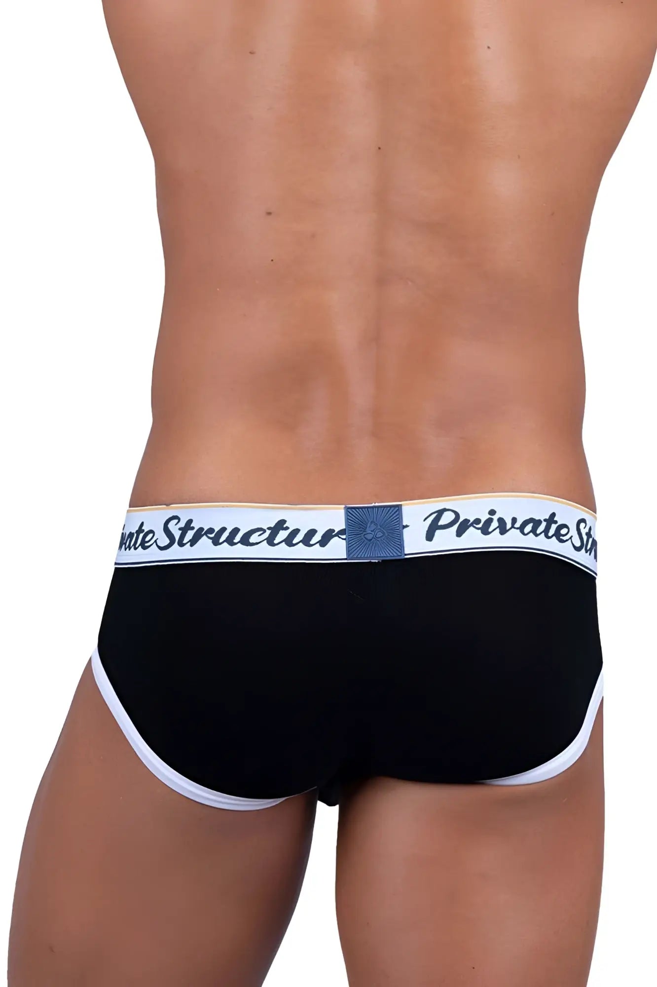 Private Structure SCUS4529 classic mid waist mini briefs in black with white trim and branded waistband