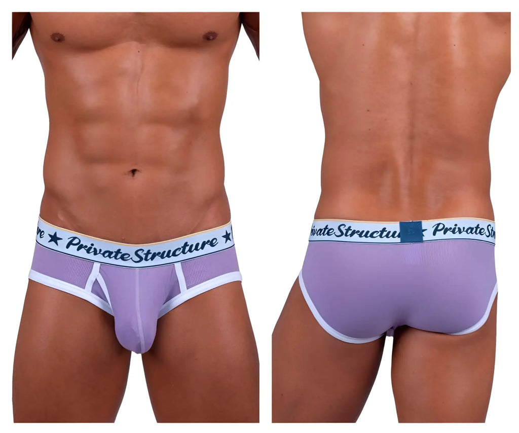 Lavender mesh mid waist mini briefs with white trim and private structure branding on waistband in purple color