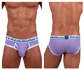Lavender mesh mid waist mini briefs with white trim and private structure branding on waistband in purple color