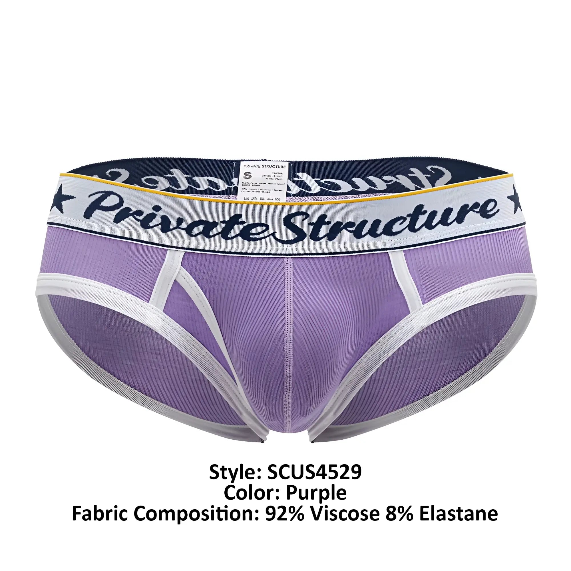 Purple private structure classic mid waist mini briefs with white and navy elastic waistband and black script logo