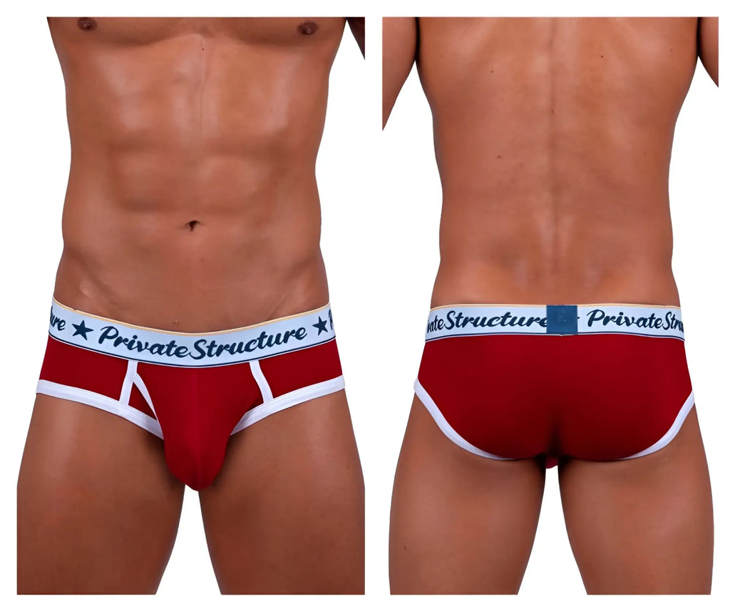 Red men’s mid waist mini briefs with white trim and private structure waistband in classic cotton blend fabric