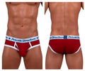 Red men’s mid waist mini briefs with white trim and private structure waistband in classic cotton blend fabric