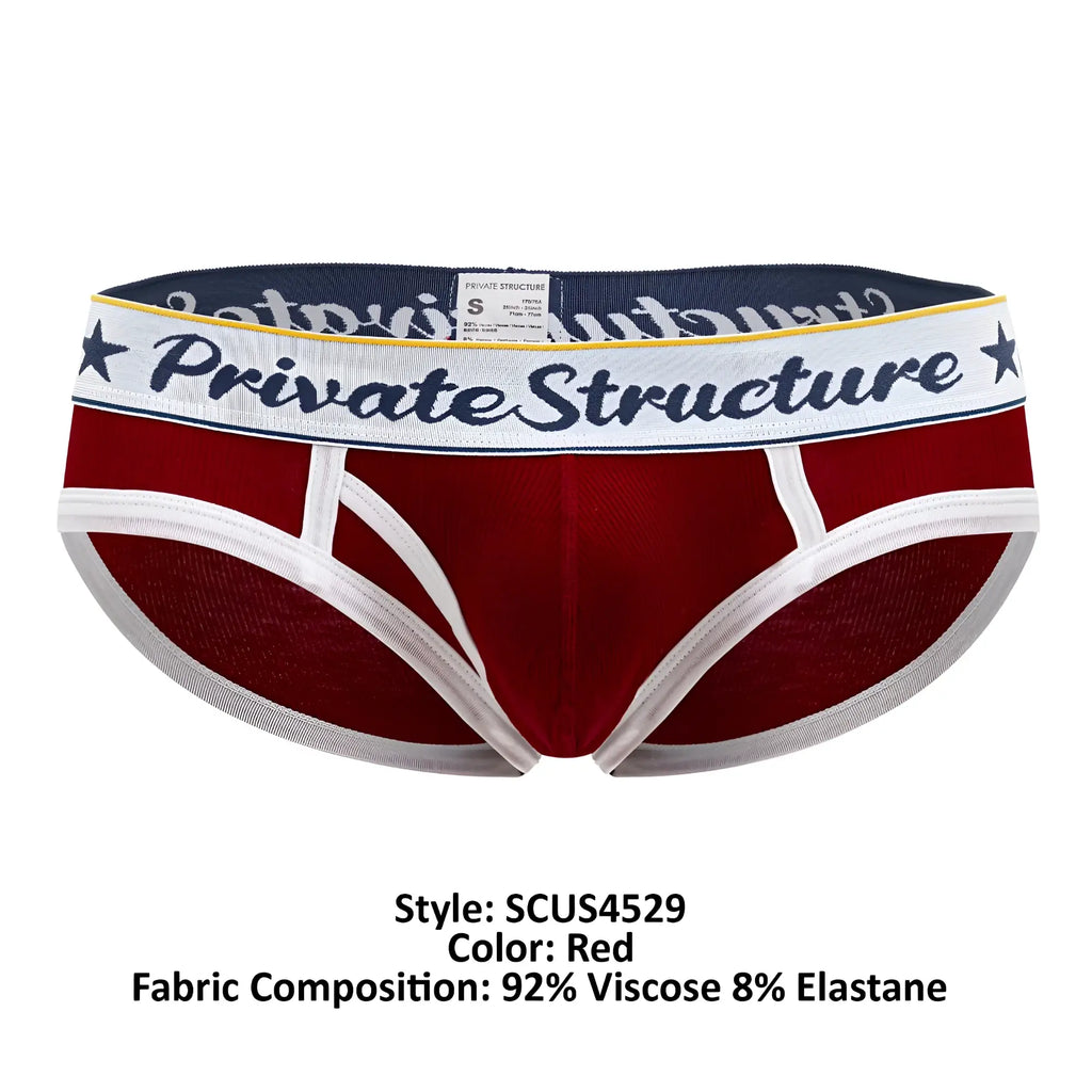 Red men’s classic mid waist mini briefs with white trim and navy waistband featuring private structure logo