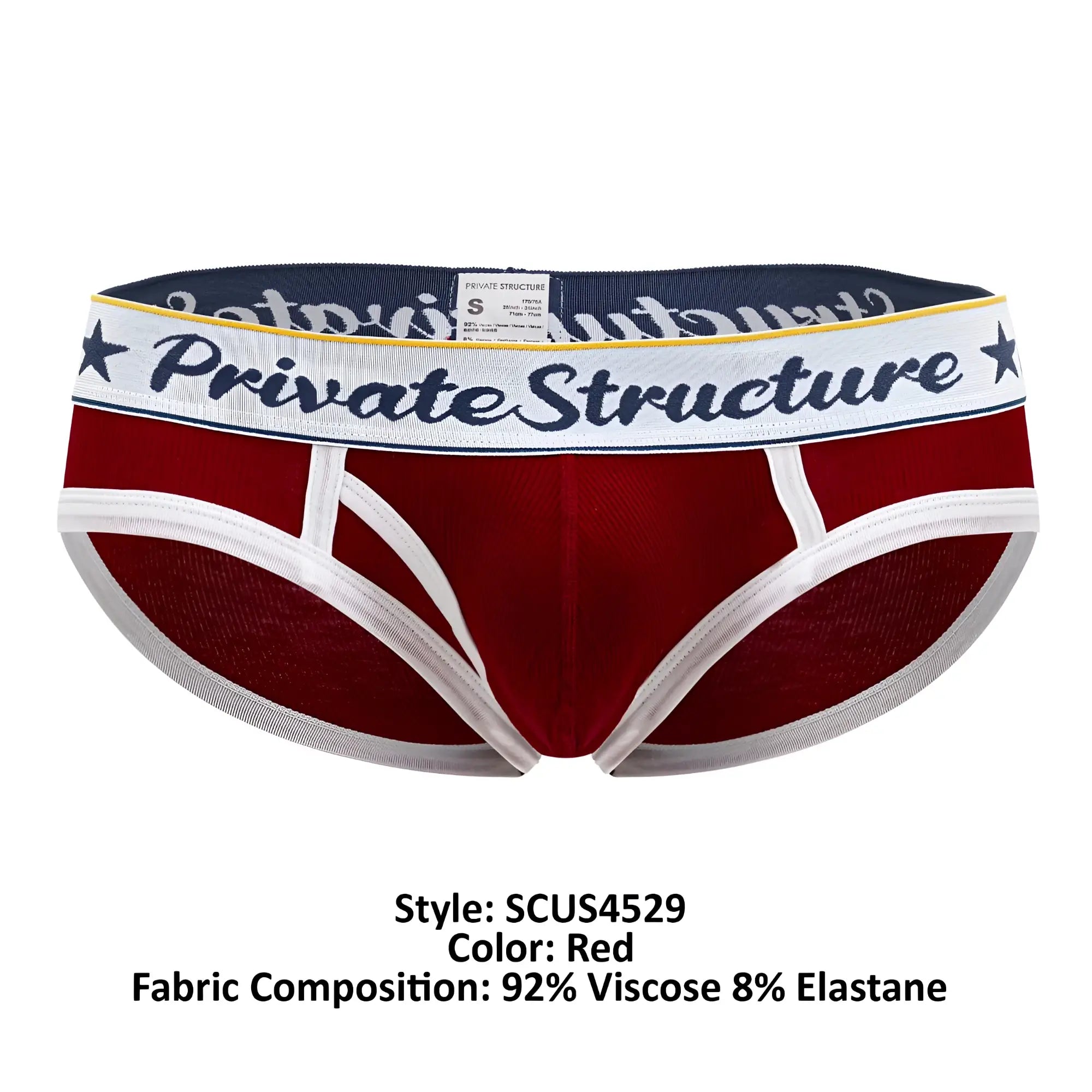 Red men’s classic mid waist mini briefs with white trim and navy waistband featuring private structure logo