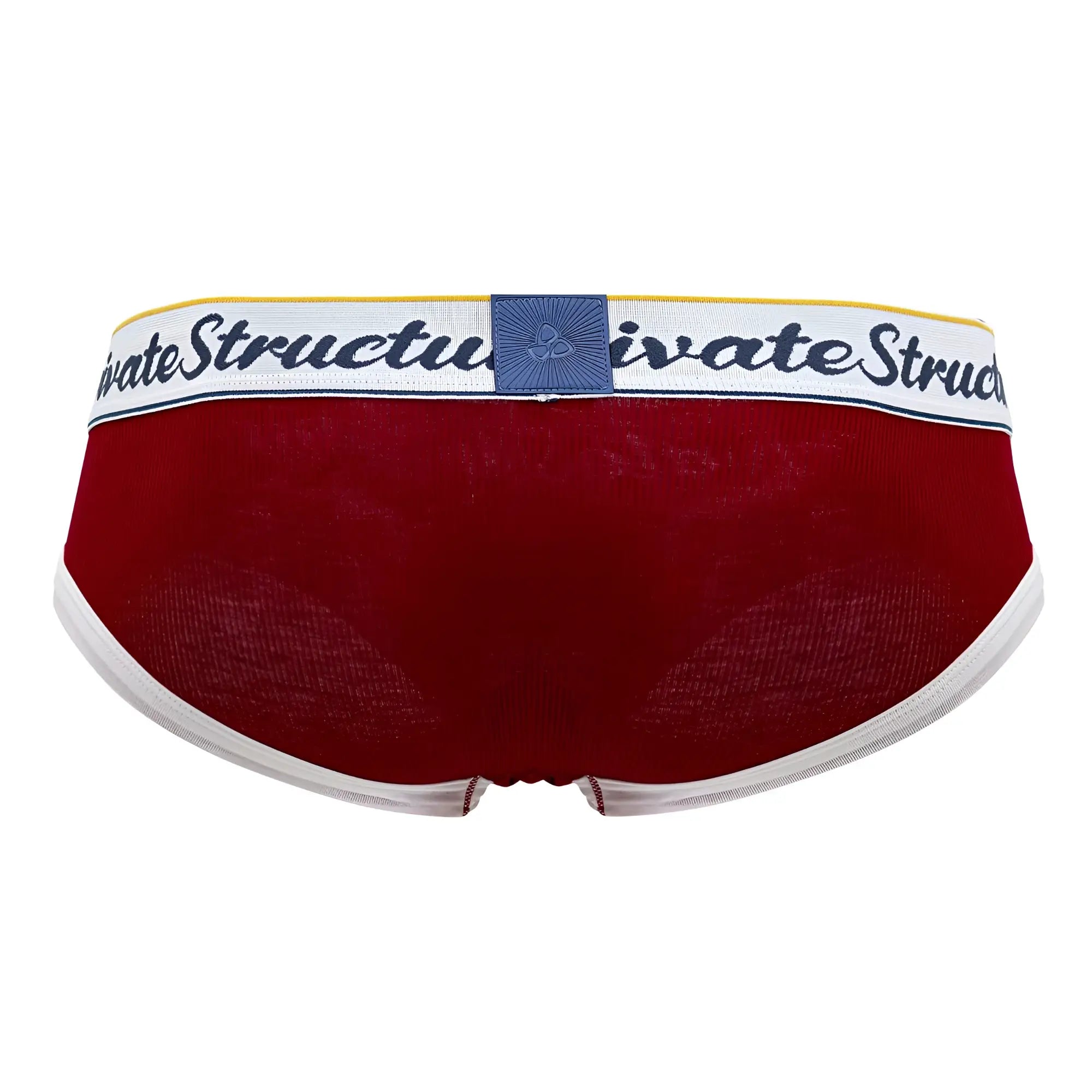 Red men’s classic mid waist mini briefs with white elastic waistband featuring private structure logo in navy blue