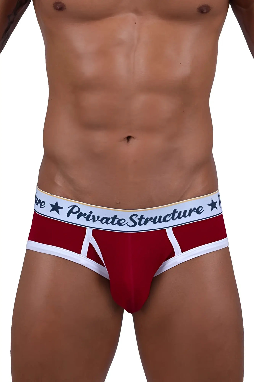 Red men’s briefs with white trim and private structure waistband featuring black lettering and star motifs