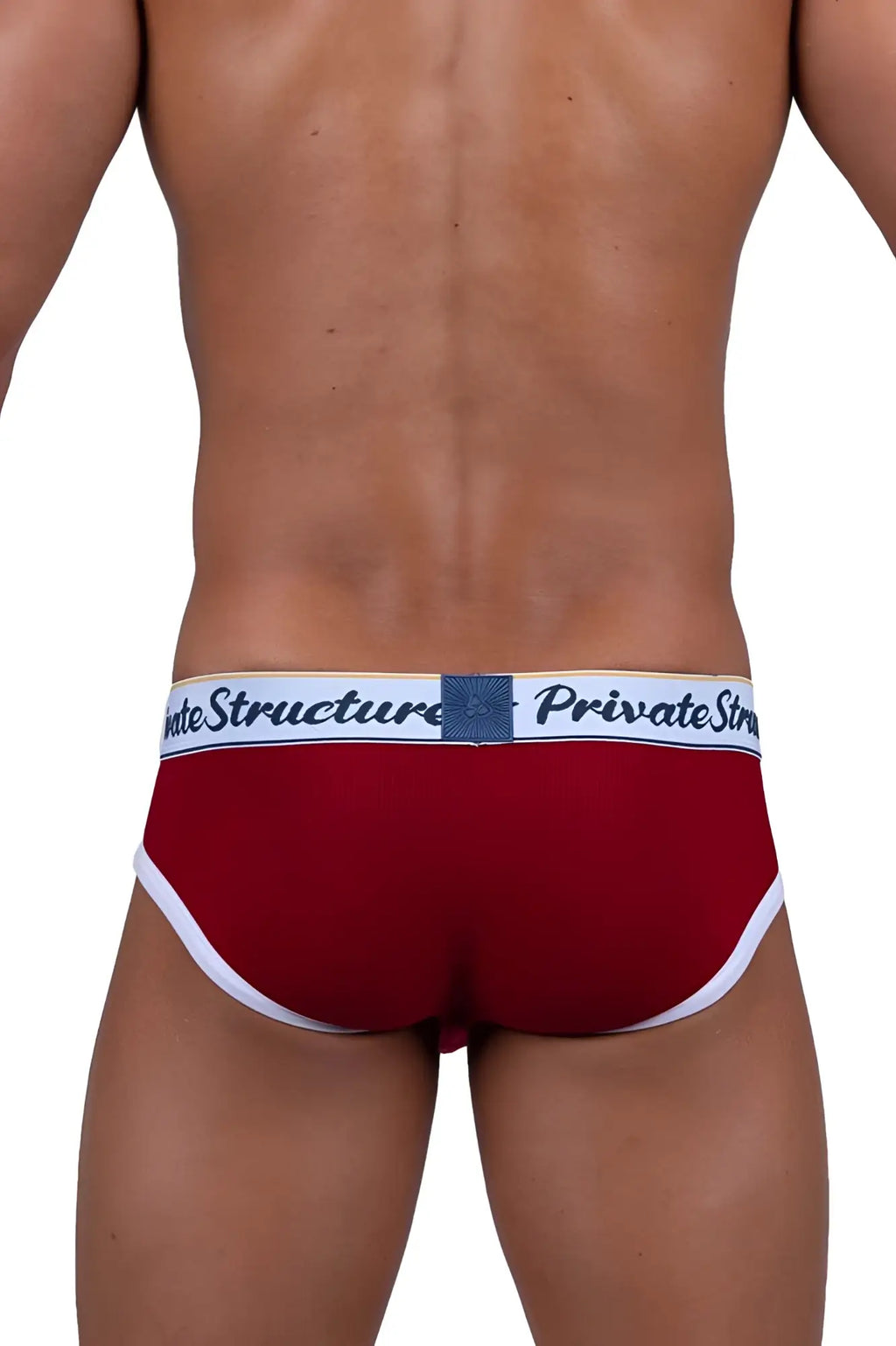 Red men’s mid waist mini briefs with white trim and private structure waistband in blue lettering color red