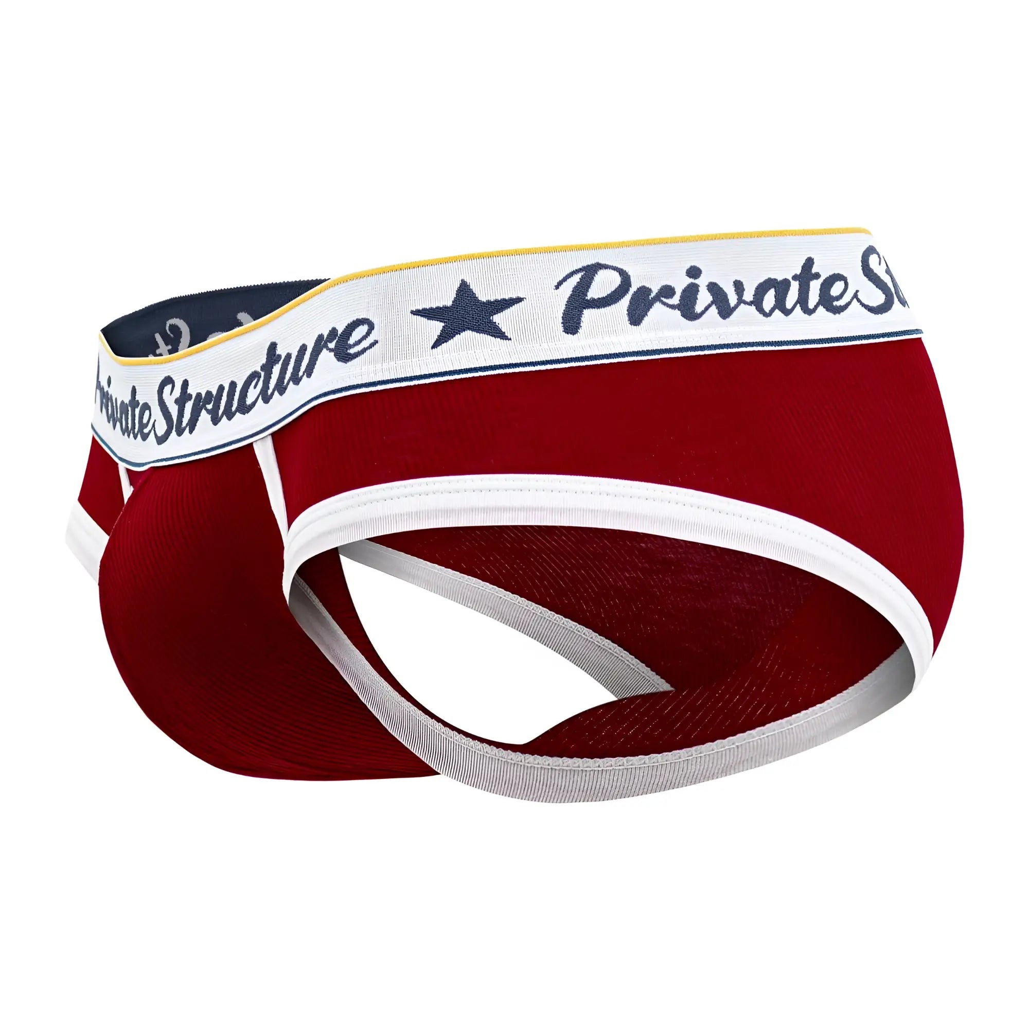 Red and white private structure classic mid waist mini briefs with navy star logo on waistband in cotton blend
