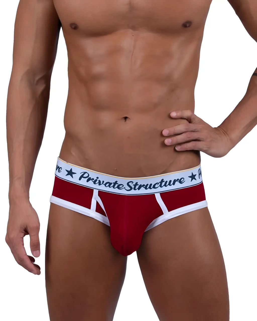 Red and white ribbed men’s briefs with private structure navy blue waistband logo classic mid waist mini style