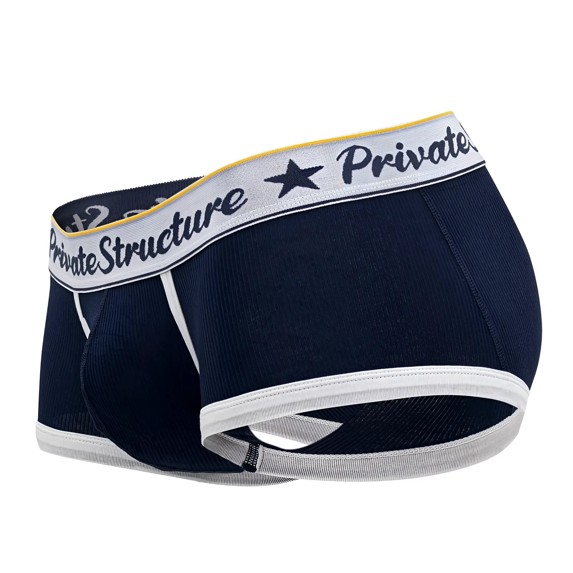 Navy blue men’s briefs with white and yellow trim and private structure logo on gray waistband mid waist trunks