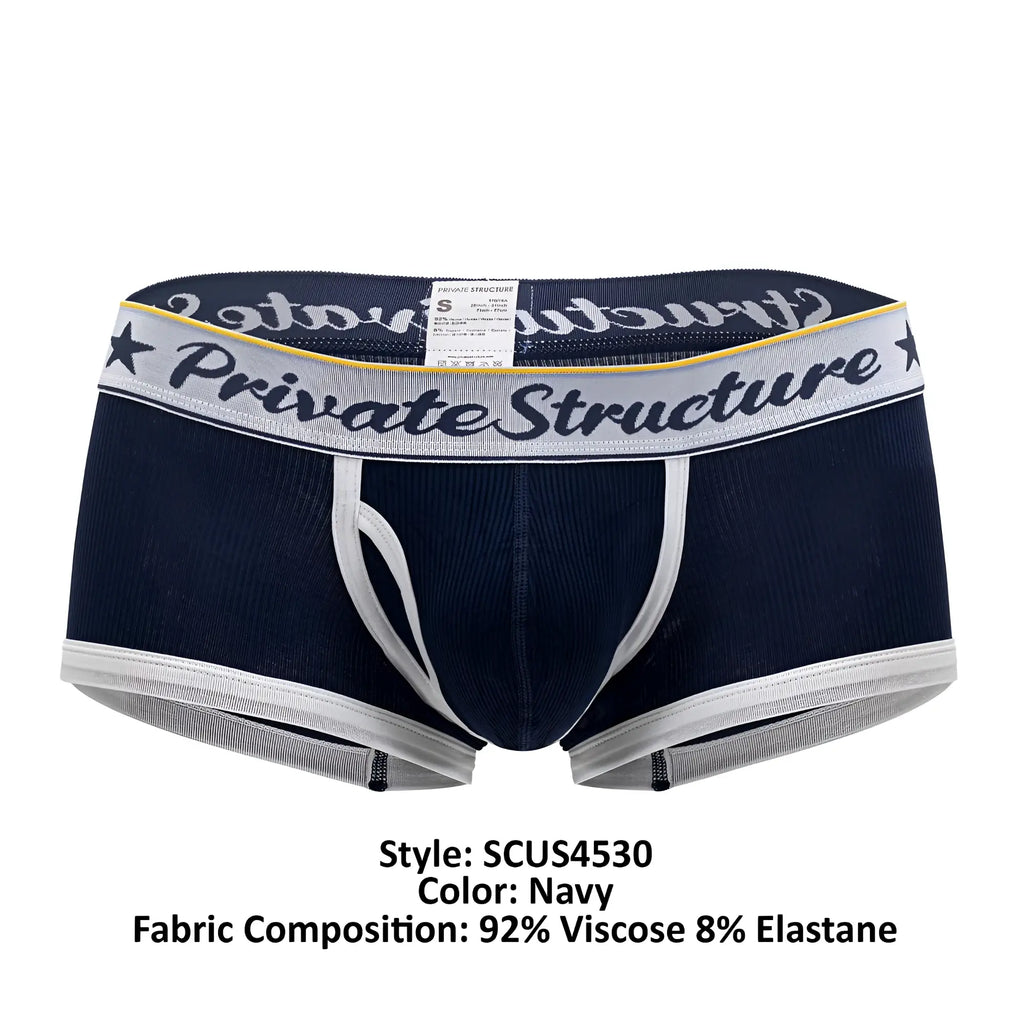 Navy blue private structure scus4530 classic mid waist trunks with white gray waistband logo and yellow trim accents