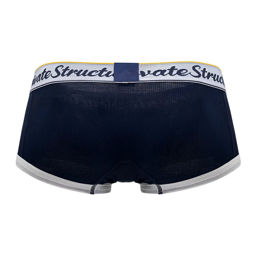 Navy blue textured Private Structure SCUS4530 classic mid waist trunks with white waistband and black script logo