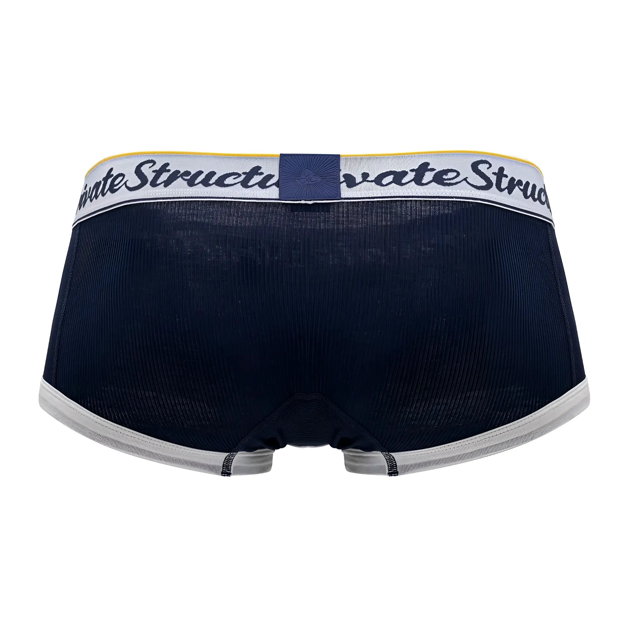 Navy blue textured Private Structure SCUS4530 classic mid waist trunks with white waistband and black script logo