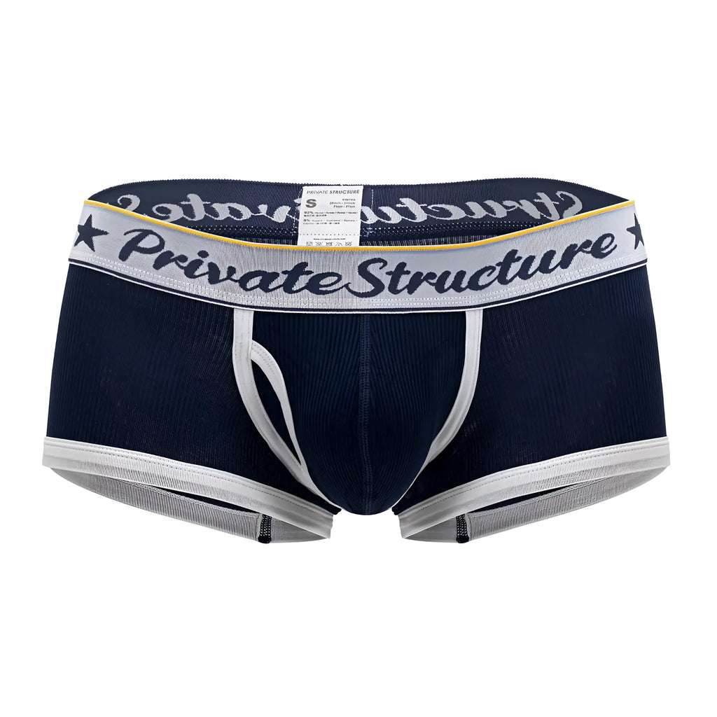 Navy blue and white striped men’s mid waist briefs with private structure logo waistband in cotton blend fabric