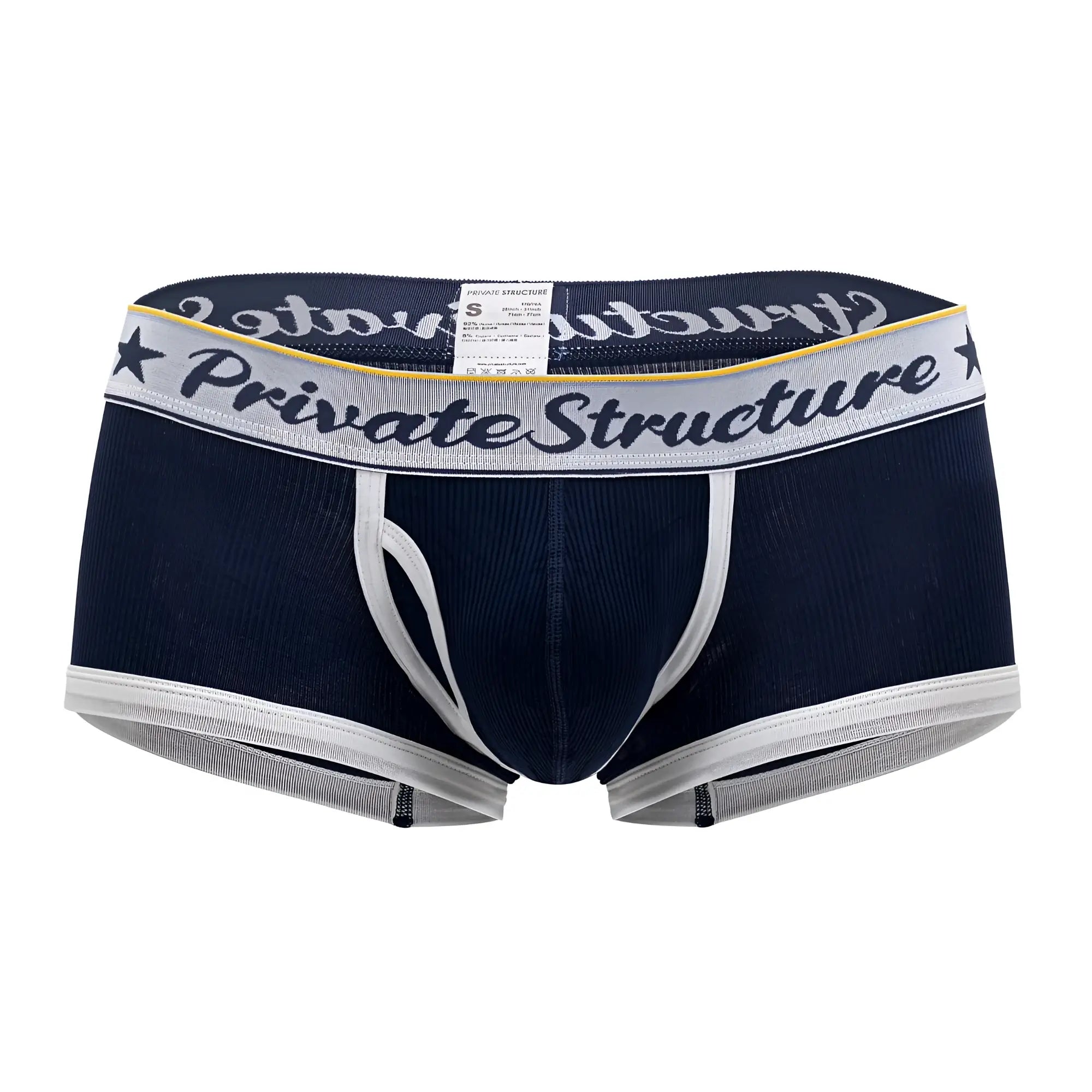 Navy blue and white striped men’s mid waist briefs with private structure logo waistband in cotton blend fabric