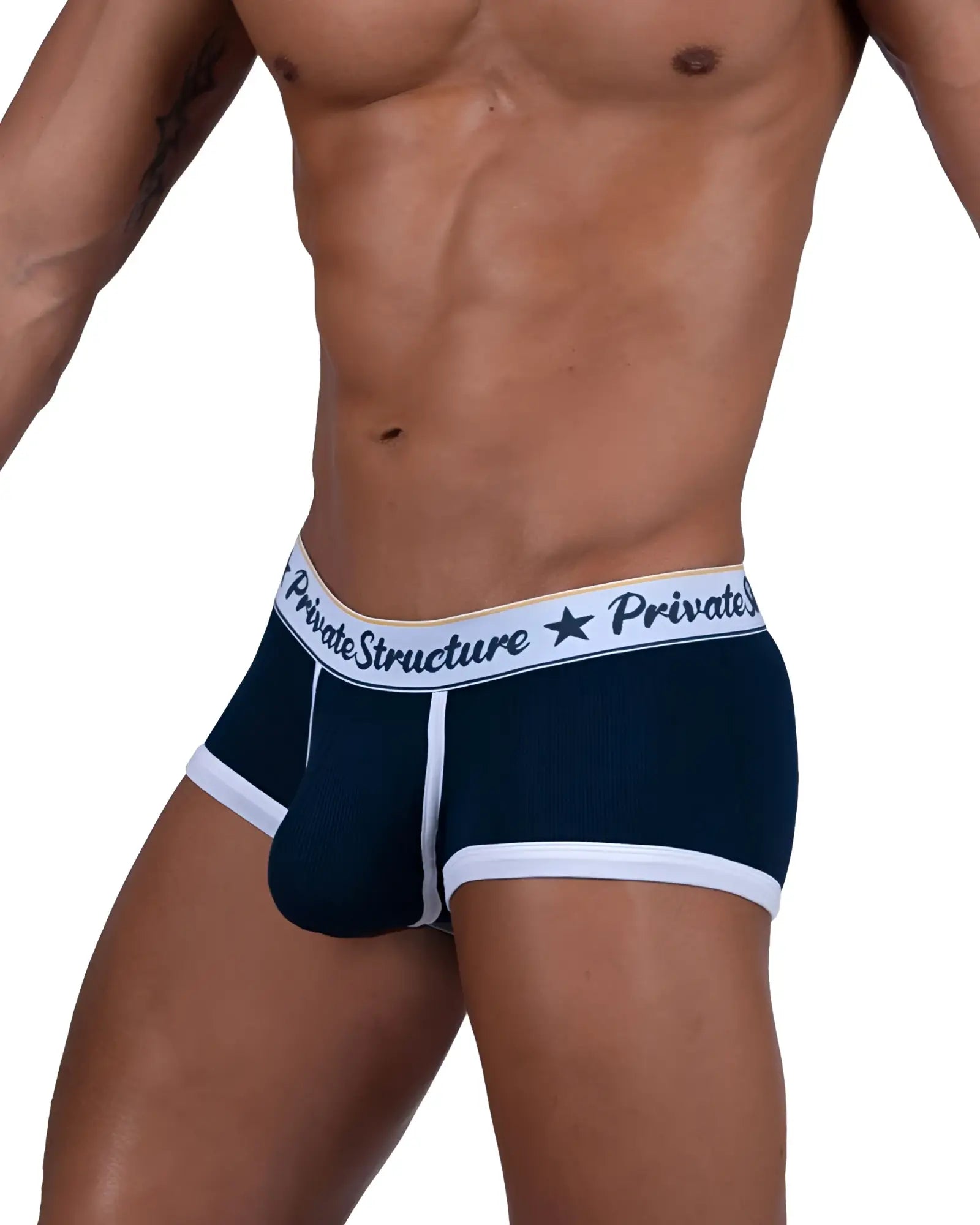 Navy blue and white men’s briefs with branded elastic waistband from private structure classic mid waist trunks model scus4530