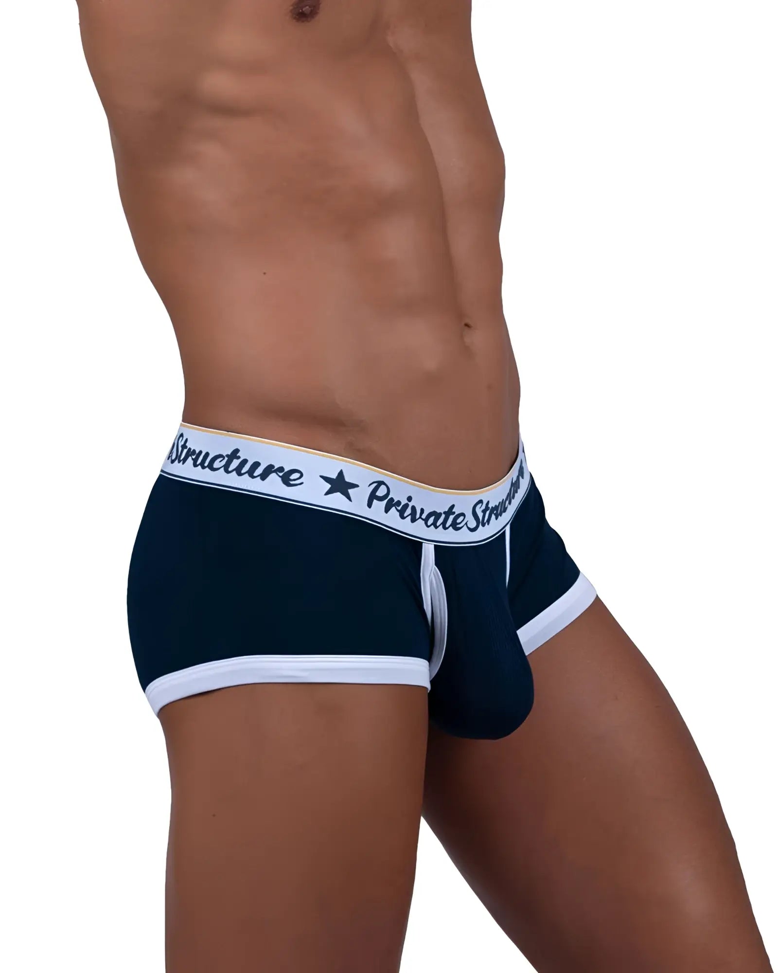Navy blue and white men’s classic mid waist trunks with structure private structure branded waistband