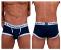 Navy blue and white private structure classic mid waist trunks with branded waistband for men