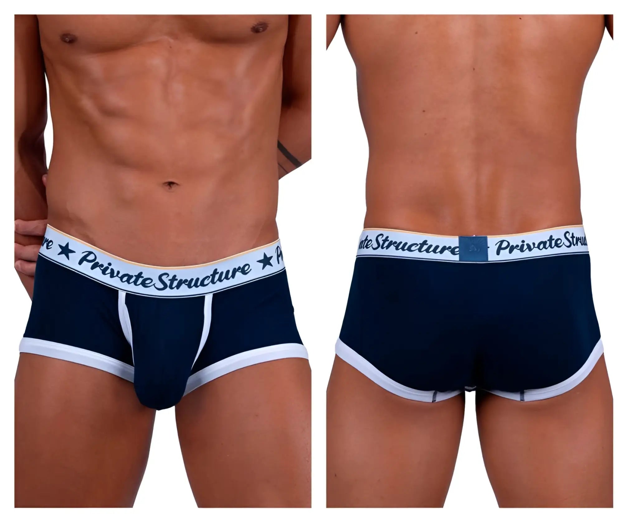 Navy blue and white private structure classic mid waist trunks with branded waistband for men