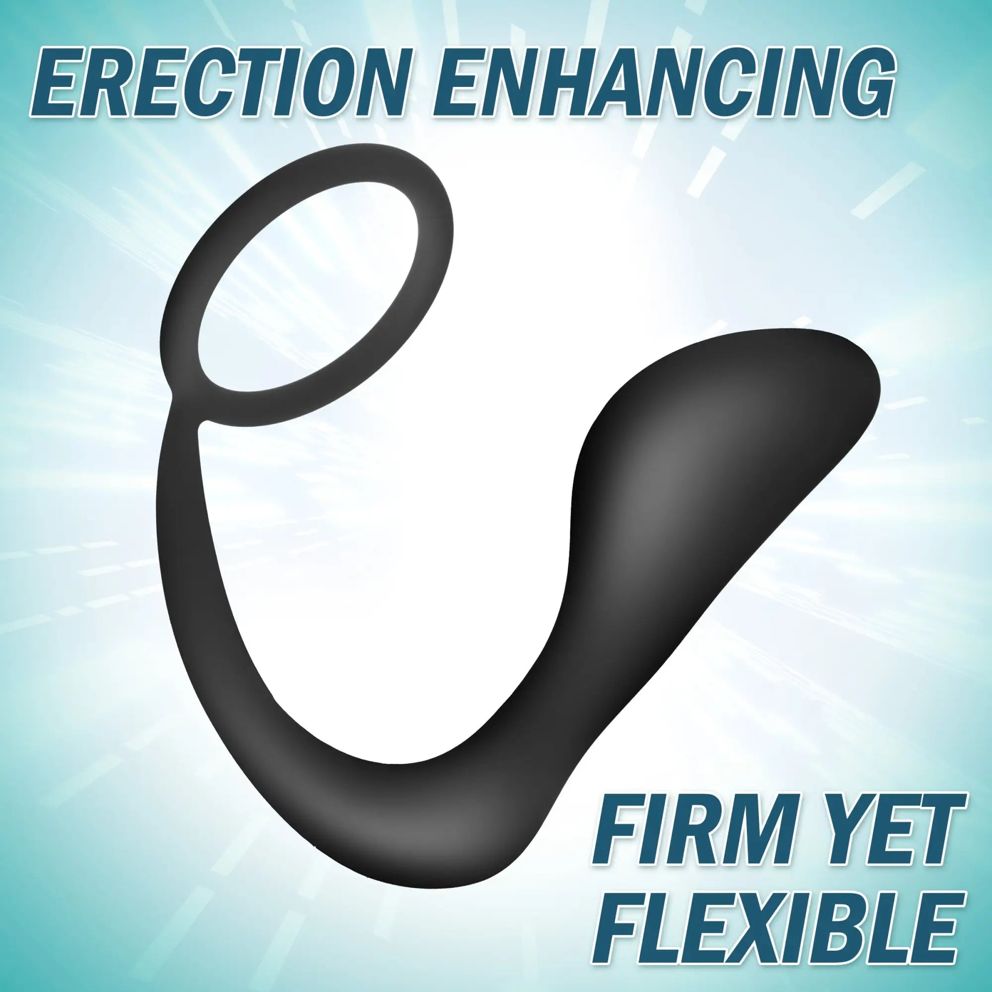 Prostatic Play Explorer II black silicone prostate stimulator and cock ring against a blue gradient background.