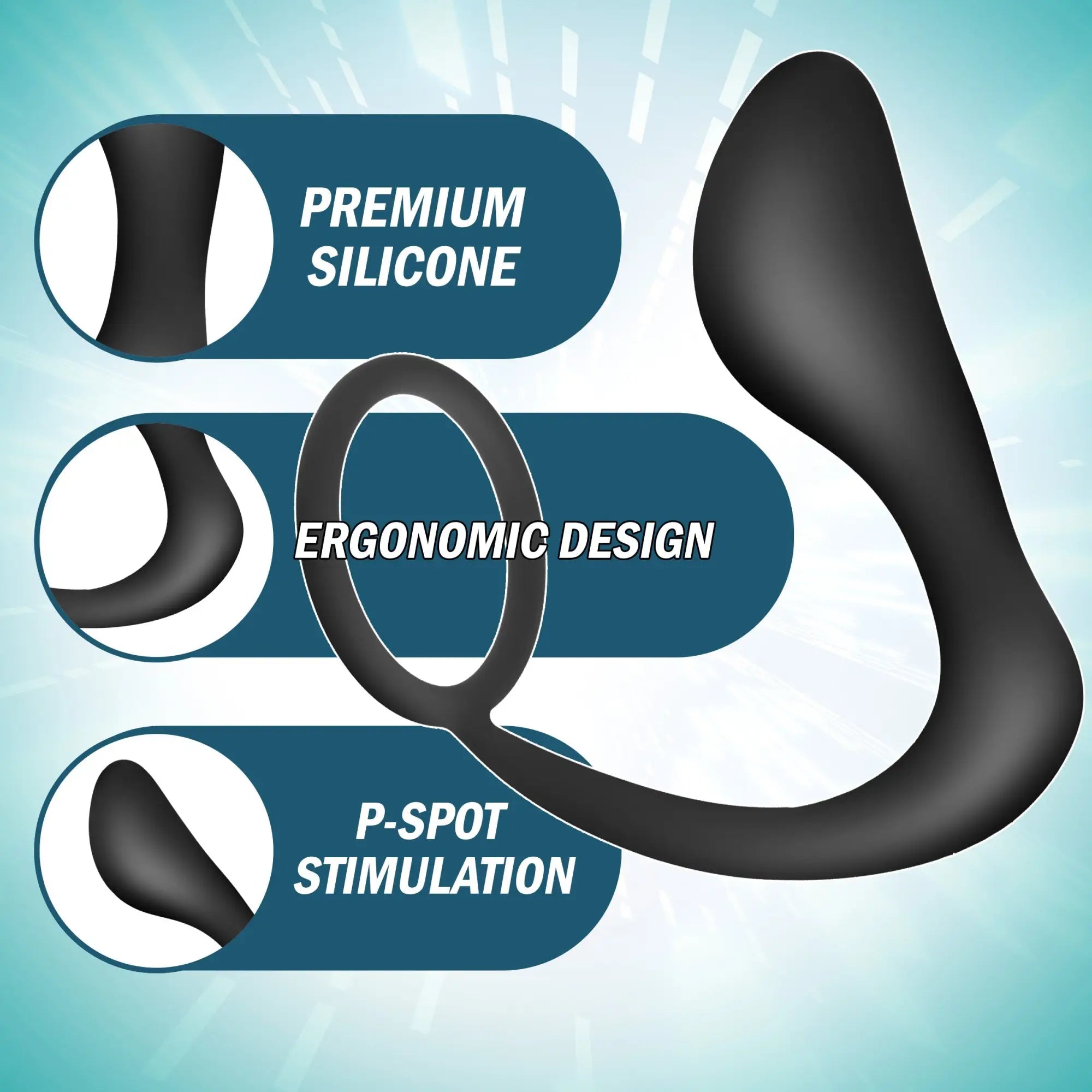 Black Prostatic Play Explorer II silicone prostate stimulator and cock ring with ergonomic, curved design features.